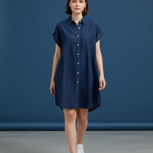 Zilcremo Women's Denim Chambray Button Front Tunic Shirt-Dress